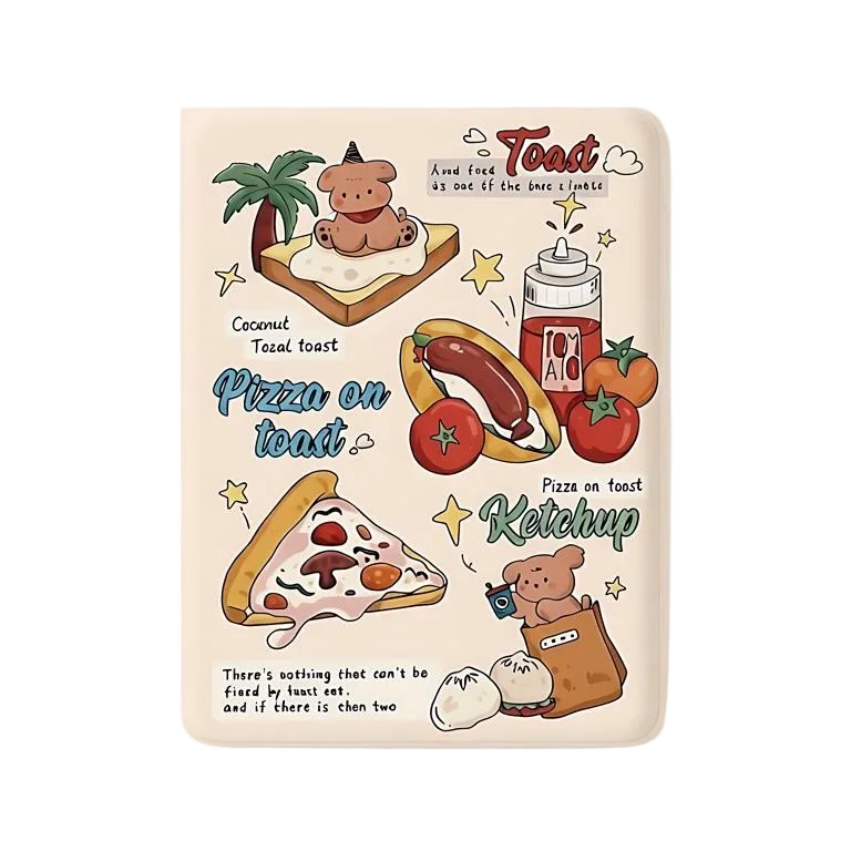 CasePoppi Cute Cream Doodle iPad Case, with playful pizza, toast, and coffee illustrations and funny typography like 'Pizza on toast' and 'Happy Ketchup', slim protective folio.