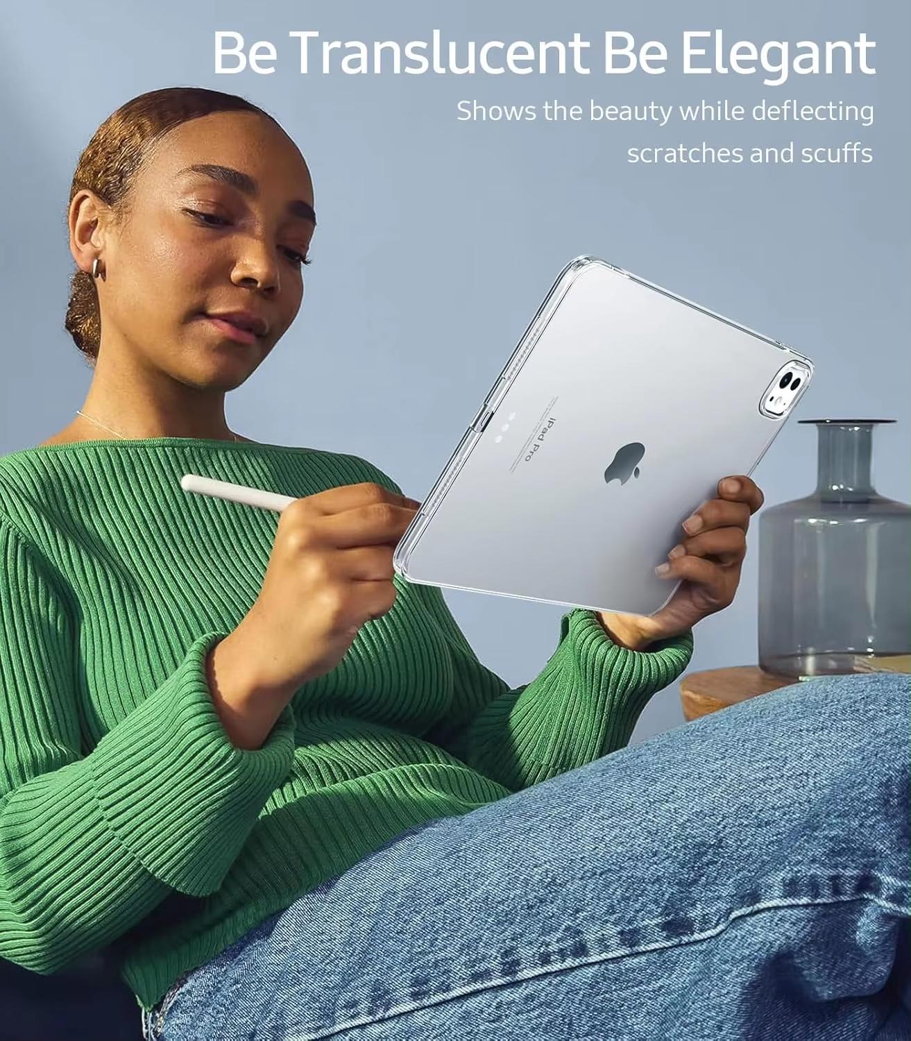 Lifestyle image of CasePoppi crystal clear iPad case being used with an Apple Pencil, sleek and elegant design.