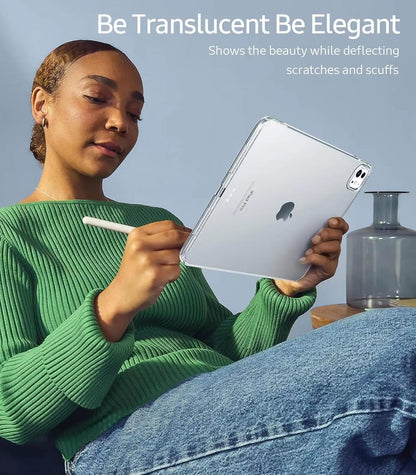 Lifestyle image of CasePoppi crystal clear iPad case being used with an Apple Pencil, sleek and elegant design.