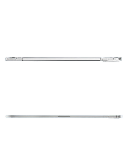 Lifestyle image of CasePoppi crystal clear iPad case being used with an Apple Pencil, sleek and elegant design.