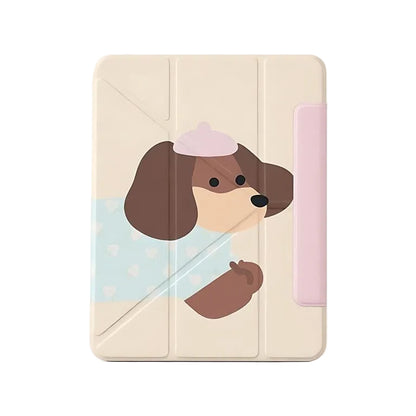 CasePoppi Cute Puppy Illustration iPad Case, cream trifold cover with dog wearing a pink hat and blue polka dot shirt, front view.