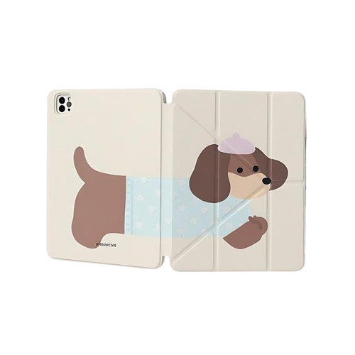 Interior and back view of CasePoppi Puppy iPad Case, highlighting the soft lining, pencil holder slot, and clear back shell.