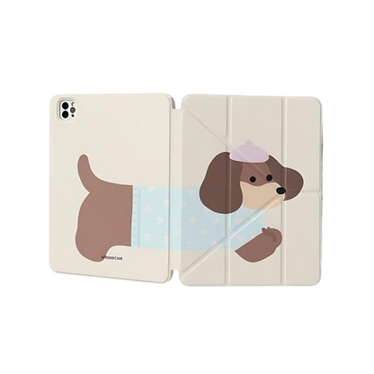 Interior and back view of CasePoppi Puppy iPad Case, highlighting the soft lining, pencil holder slot, and clear back shell.