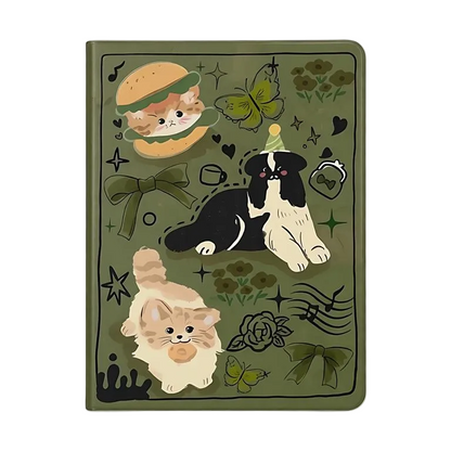 CasePoppi Vintage Aesthetic Olive Green iPad Case, featuring cute hand-drawn illustrations of party cats, dogs, butterflies, and floral motifs, trifold stand cover.
