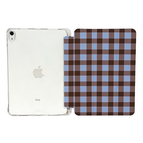 Interior and back view of CasePoppi Gingham iPad Case, highlighting the soft microfiber lining, trifold cover, and clear back shell.
