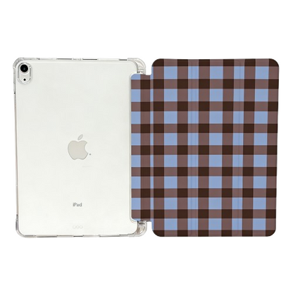 Interior and back view of CasePoppi Gingham iPad Case, highlighting the soft microfiber lining, trifold cover, and clear back shell.