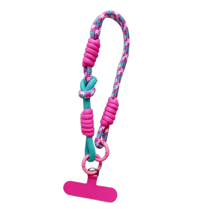 CasePoppi Y2K Braided Cotton Rope Phone Strap, multi-color fuchsia and blue patterned cord with hot pink connector gasket, street style.