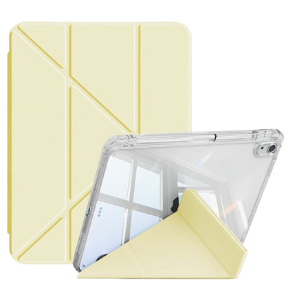Pastel lemon yellow CasePoppi origami iPad case with a clear back and flexible Y-fold viewing stand.