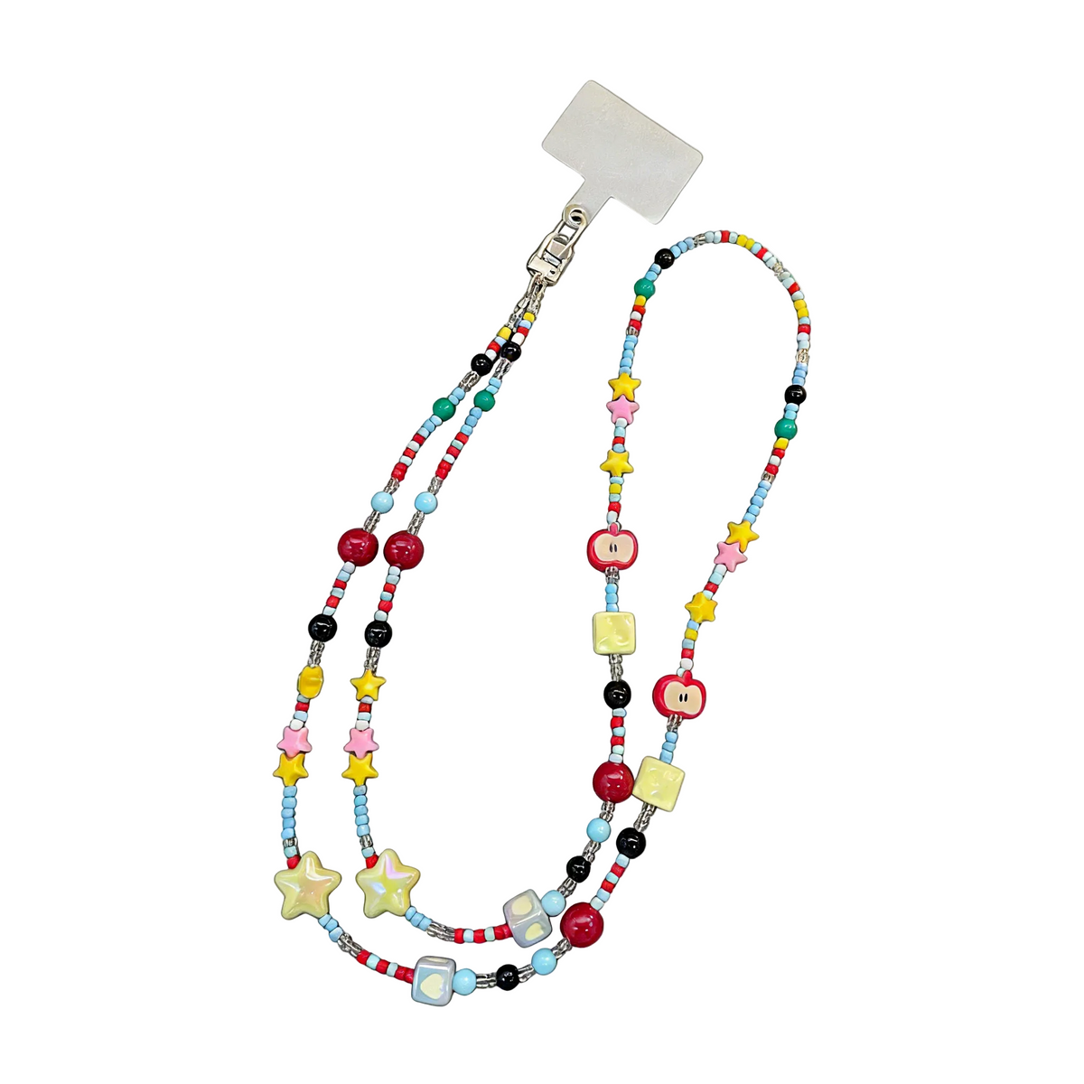 CasePoppi Floral Pastel Beaded Phone Strap, extra-long lanyard with multi-color flower, mushroom, and star charms on a soft-toned seed bead chain.