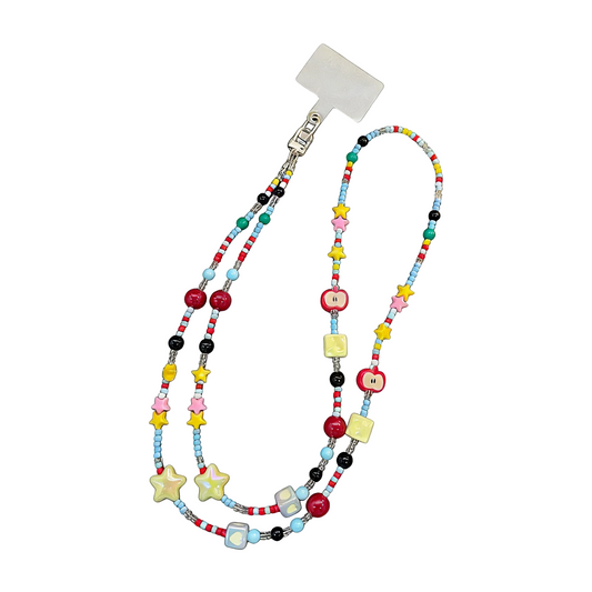 CasePoppi Floral Pastel Beaded Phone Strap, extra-long lanyard with multi-color flower, mushroom, and star charms on a soft-toned seed bead chain.