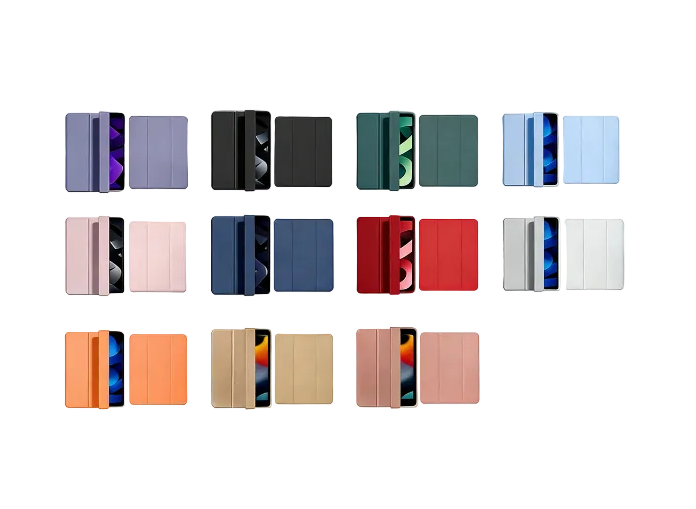 A collection of CasePoppi minimalist iPad cases in various aesthetic colors including navy, pink, and green.