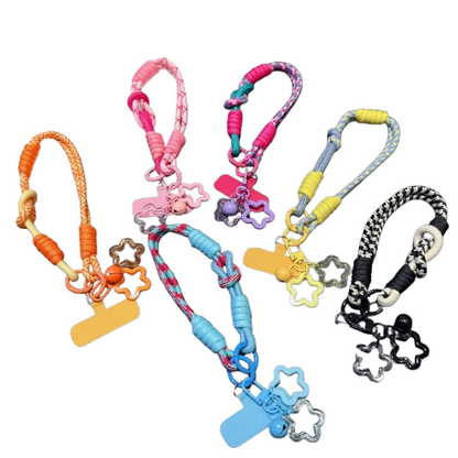CasePoppi Braided Phone Lanyard color palette, showing all available variations from orange, fuchsia, pink, black, blue, to yellow patterns.