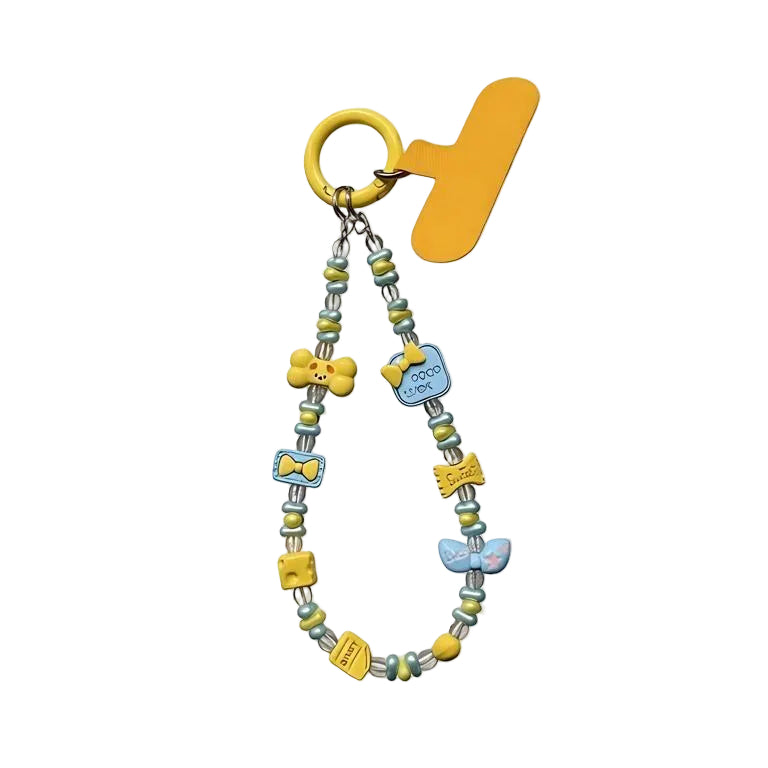 CasePoppi Y2K Colorful Beaded Phone Strap, cream blue cord featuring flower, bear, duck, bow-tie acrylic beads, and a 'happy' charm.