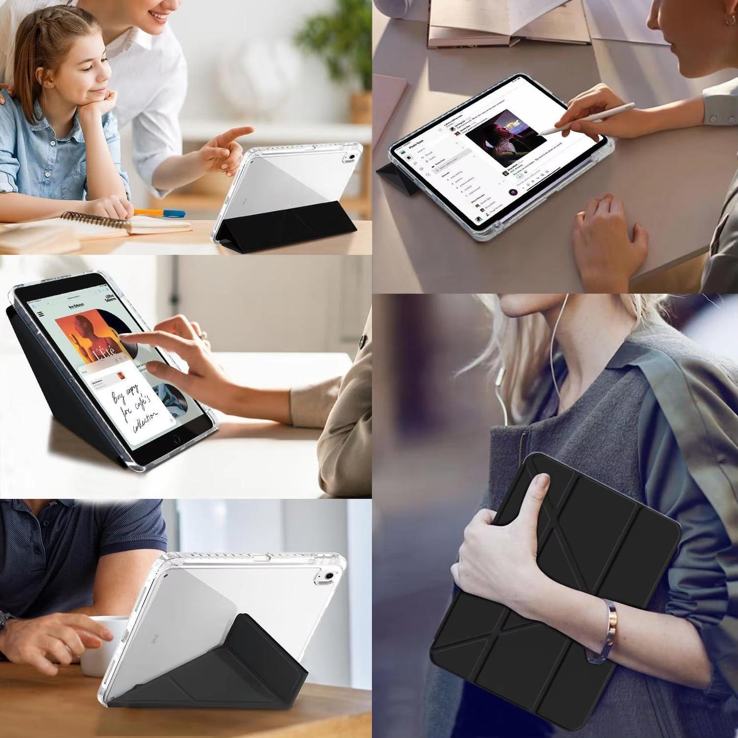 Lifestyle collage showing CasePoppi origami iPad case being used for drawing, reading, and office work.
