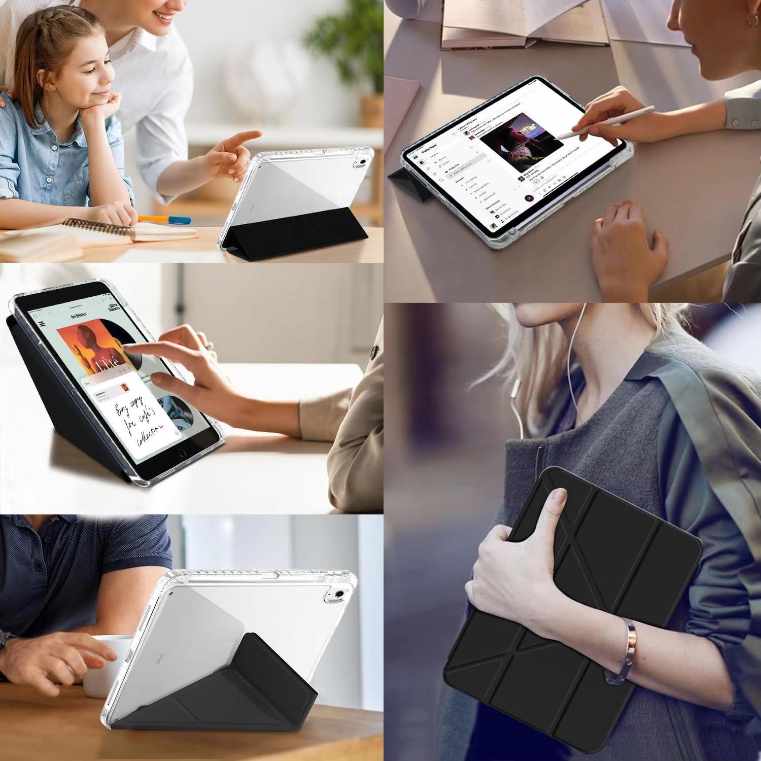 Lifestyle collage showing CasePoppi origami iPad case being used for drawing, reading, and office work.