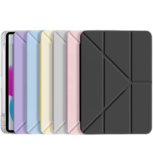 A collection of CasePoppi origami Y-fold iPad cases in aesthetic pastel colors and classic black.