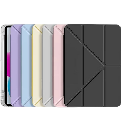 A collection of CasePoppi origami Y-fold iPad cases in aesthetic pastel colors and classic black.