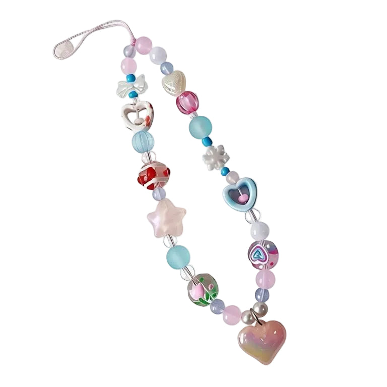 CasePoppi Colorful Kawaii Beaded Phone Charm, featuring gradient pastel beads, a translucent fruit bead, colorful heart-shaped beads, and diverse acrylic charms, Y2K aesthetic.