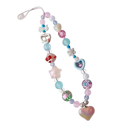 CasePoppi Colorful Kawaii Beaded Phone Charm, featuring gradient pastel beads, a translucent fruit bead, colorful heart-shaped beads, and diverse acrylic charms, Y2K aesthetic.