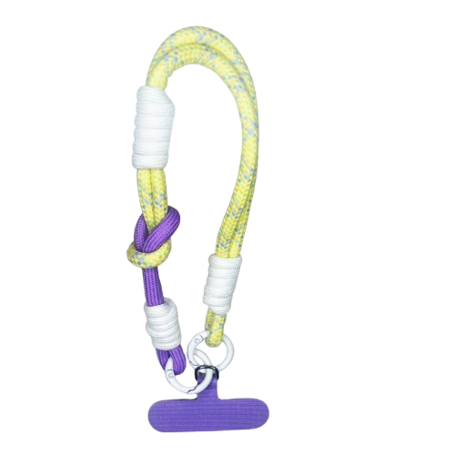 CasePoppi Chunky Braided Cotton Rope Phone Lanyard details, showing the yellow patterned cord and knot structure with a purple connector gasket.