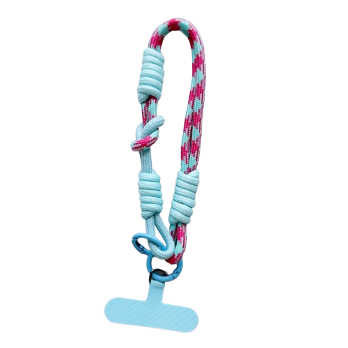 CasePoppi Gorpcore Braided Cotton Rope Phone Lanyard, mixed blue and pink patterned cord with sky blue connector gasket, knotted design.