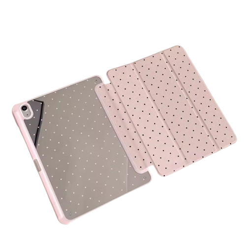 Interior and back view of CasePoppi Pink Polka Dot iPad Case, showing the clear mirror back shell, precise camera cutout, and soft microfiber lining.