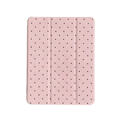 CasePoppi Macaron Pink Micro Polka Dot iPad Case, slim trifold stand cover with decorative fine dot pattern, front view.