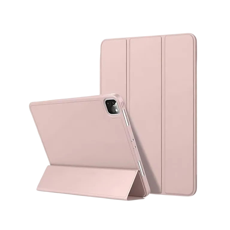 CasePoppi soft pink trifold iPad case showing stand mode for typing and viewing, slim lightweight design.