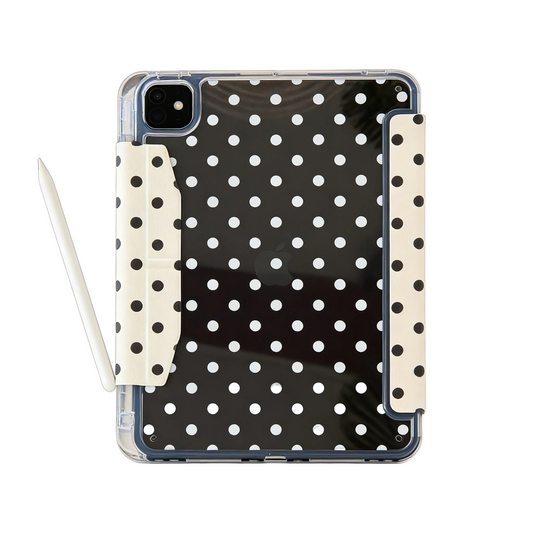 Back view of CasePoppi Polka Dot iPad Case, showing the precise camera cutout, clear back shell, and built-in Apple Pencil holder.