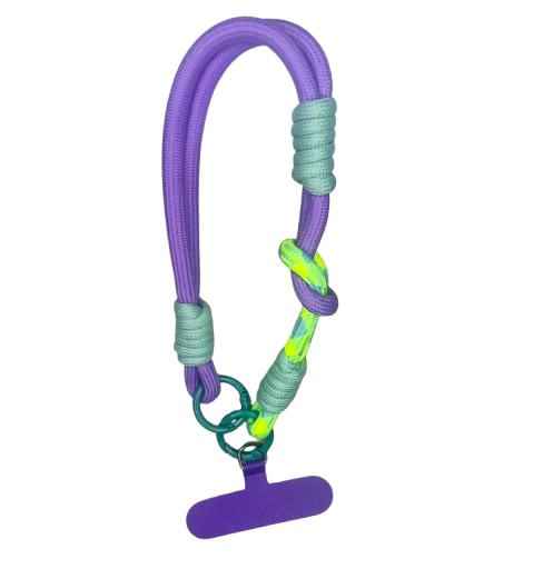 CasePoppi Fashion Braided Cotton Rope Phone Strap, deep purple patterned cord with contrasting purple connector gasket, unique knot design.