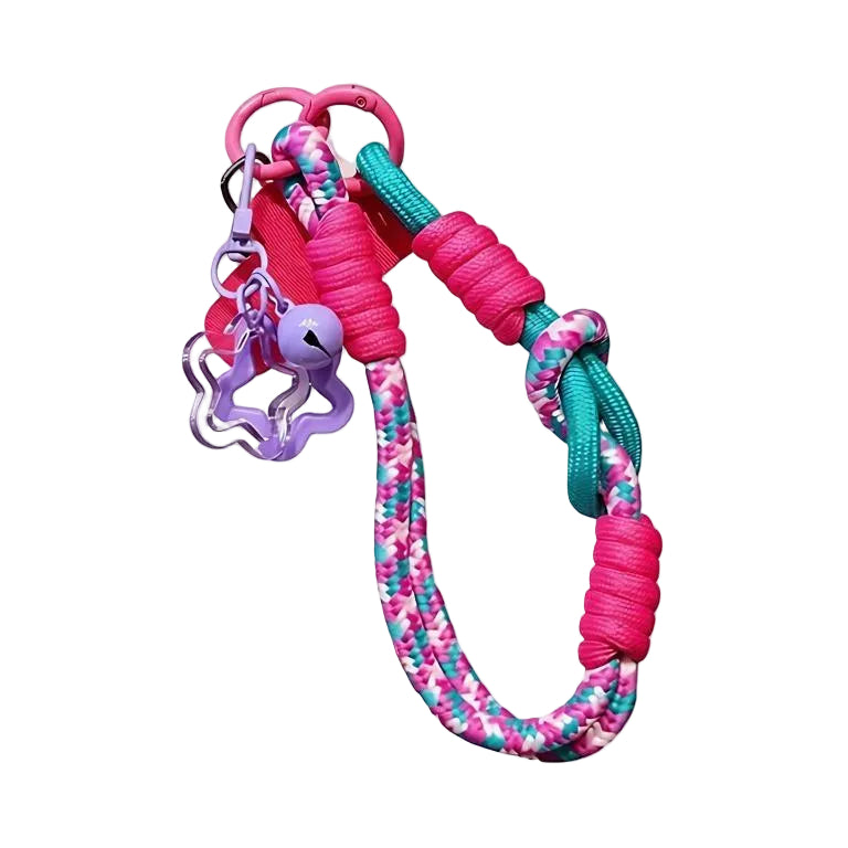 CasePoppi Y2K Braided Phone Strap, fuchsia pink cord with geometric blue-green pattern, fuchsia O-rings and purple flower hook.