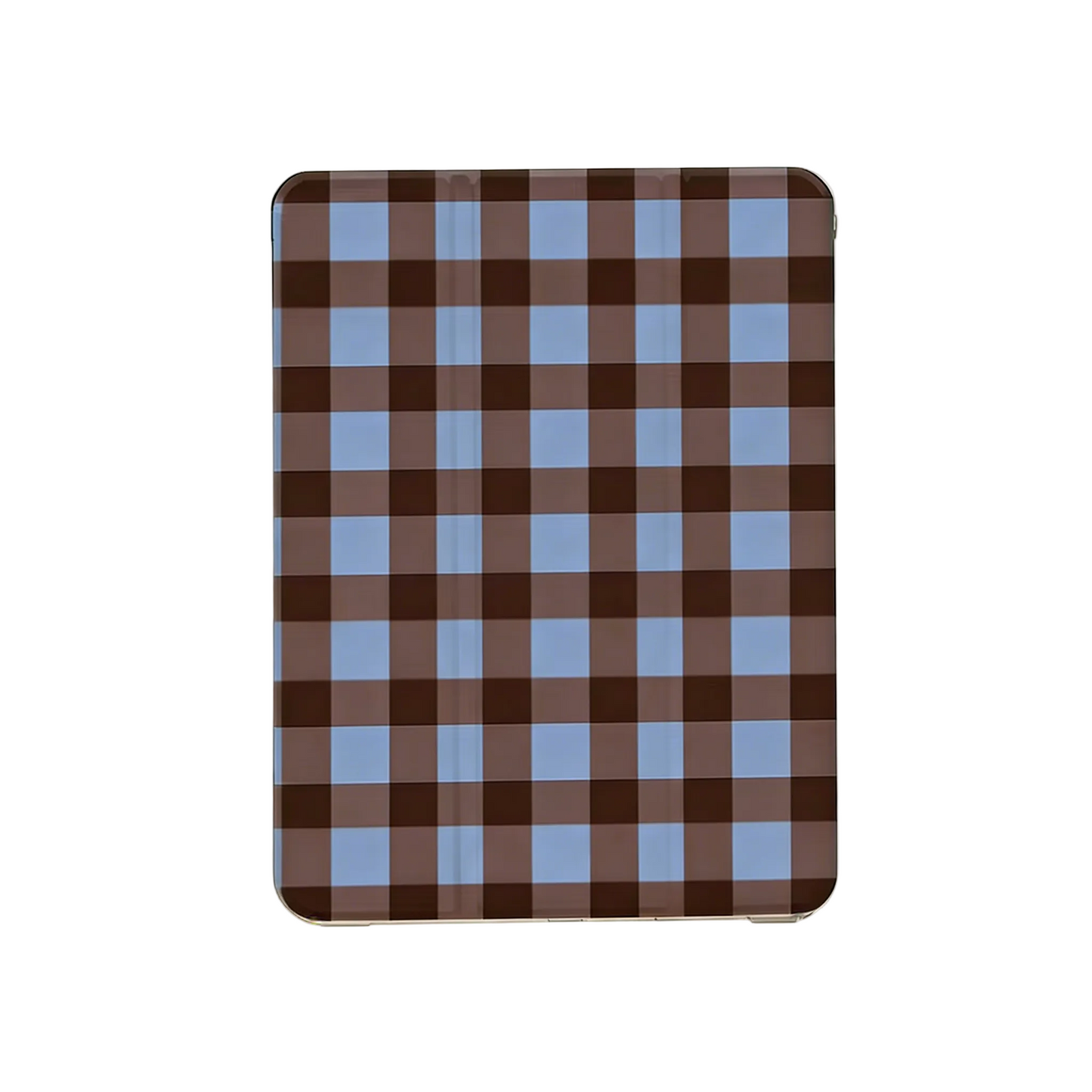 CasePoppi Brown and Blue Gingham iPad Case, trifold stand cover with classic plaid aesthetic, front view.