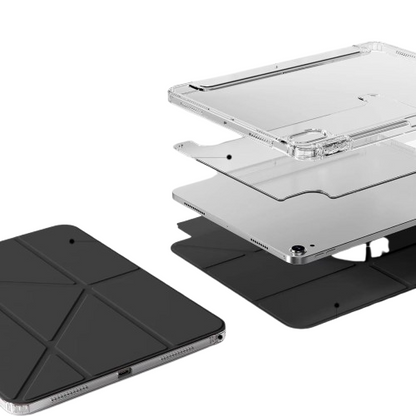 Exploded view of CasePoppi iPad case showing the dual-layer protection and transparent hardshell back.
