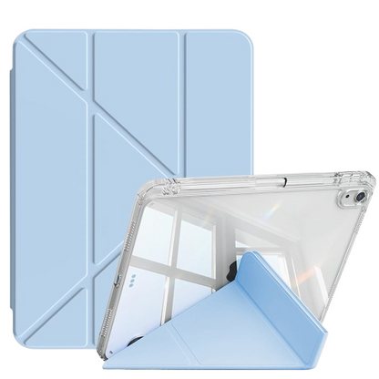 Sky blue CasePoppi origami Y-fold smart cover for iPad, featuring a built-in pencil holder and clear back.