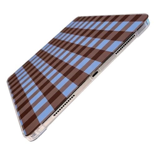 Angled view of CasePoppi Gingham iPad Case, showcasing the slim profile, pattern wrap-around edges, and precise port cutouts.