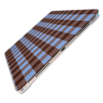 Angled view of CasePoppi Gingham iPad Case, showcasing the slim profile, pattern wrap-around edges, and precise port cutouts.