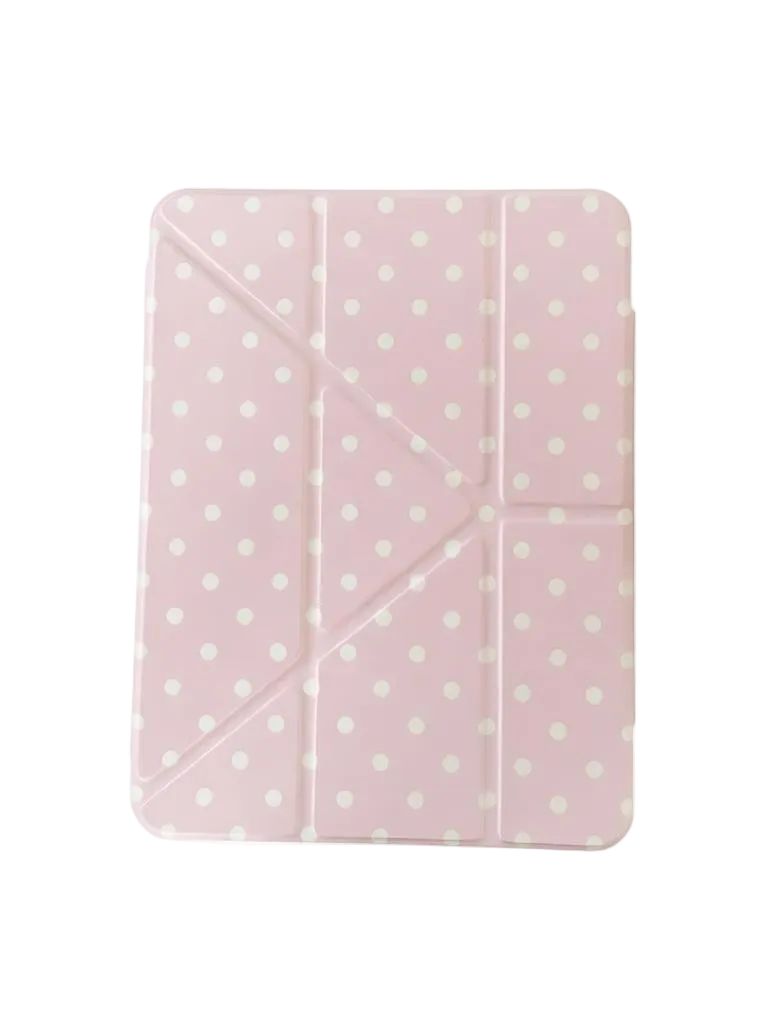 CasePoppi Soft Pink Polka Dot iPad Case, elegant blush pink folding stand cover for iPad, aesthetic tech accessory.