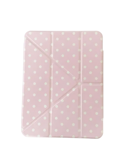 CasePoppi Soft Pink Polka Dot iPad Case, elegant blush pink folding stand cover for iPad, aesthetic tech accessory.