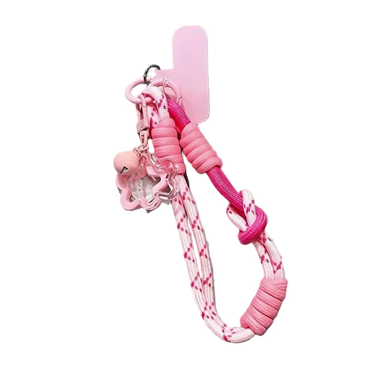 CasePoppi Cozy Pink Braided Phone Lanyard, soft pink cord with white pattern, pink O-rings and a frosted flower charm.