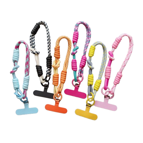 CasePoppi Braided Cotton Rope Phone Lanyard collection swatch, displaying all 8 color variations with their matching colorful connector gaskets.
