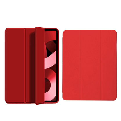 Vibrant red shockproof iPad smart cover with a durable trifold front for multiple viewing angles.