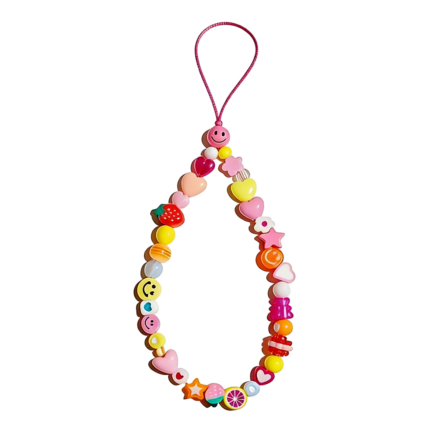 CasePoppi Colorful Candy Beaded Phone Charm, pink cord featuring vibrant smile faces, strawberries, hearts, and rainbow star beads, Y2K aesthetic.
