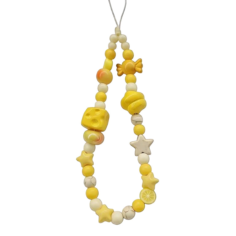 CasePoppi Cheese and Lemon Foodie Beaded Phone Charm, featuring a yellow cheese cube bead, fresh lemon slice bead, stars, and assorted yellow and white fruit beads, colorful Y2K style.