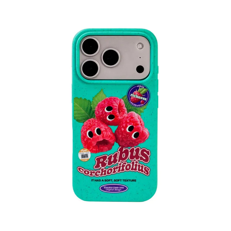 CasePoppi Cheeky Raspberry Market eco-friendly phone case with googly-eyed raspberries on a speckled mint green wheat straw TPU background.