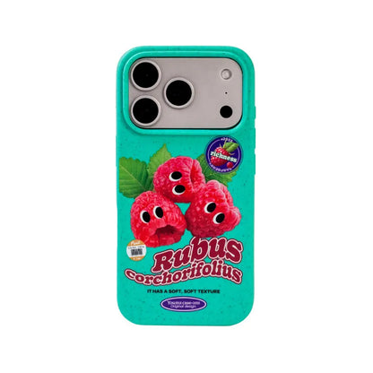CasePoppi Cheeky Raspberry Market eco-friendly phone case with googly-eyed raspberries on a speckled mint green wheat straw TPU background.