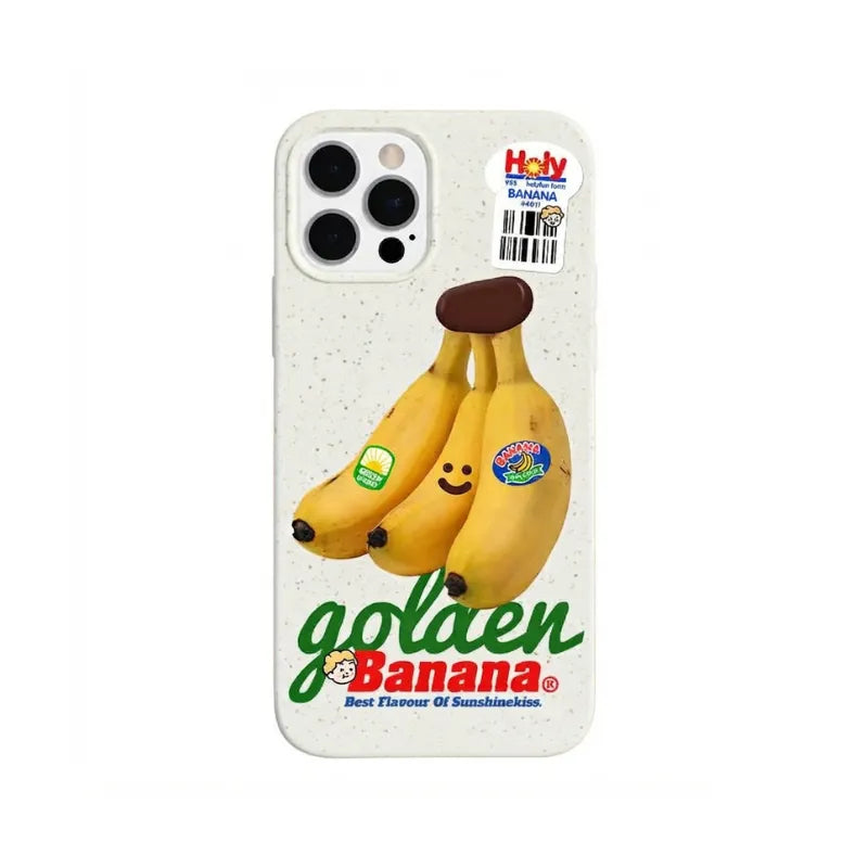 CasePoppi Golden Sunshine Banana eco-friendly phone case in oatmeal milk with smiling yellow bananas on a speckled cream background.