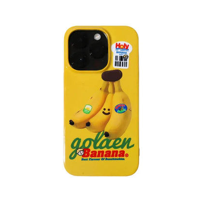 CasePoppi Golden Sunshine Banana eco-friendly phone case featuring a trio of smiling bananas on a bright yellow background.