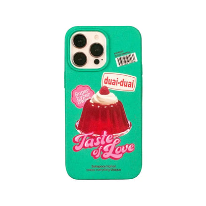 CasePoppi Taste of Love Jelly phone case with red jelly dessert graphic on a speckled mint green wheat straw TPU case.