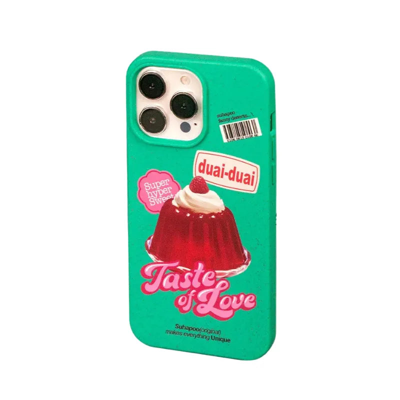 A green phone case featuring a retro-style dessert illustration with the text 'duai-duai' and 'Taste of Love', shown on a plain white background. - from CasePoppi