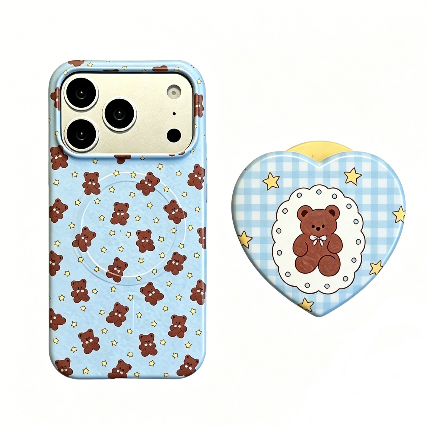 CasePoppi camera lens protector featuring a teddy bear surrounded by blueberries and sweet bakery-themed doodles.